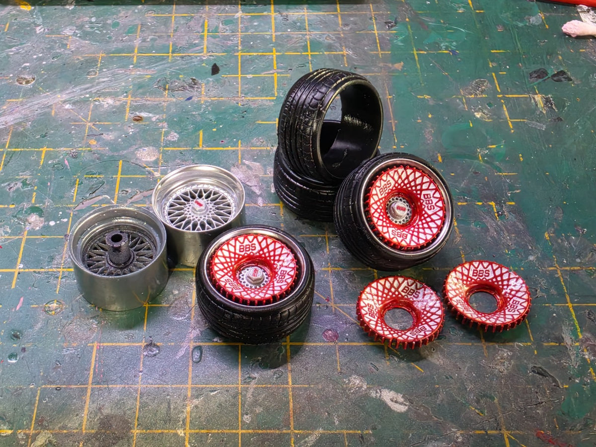 17" BBS RS Set Of 4 PRE-PAINTED with Rubber printed tyres with RED TURBO FANS
