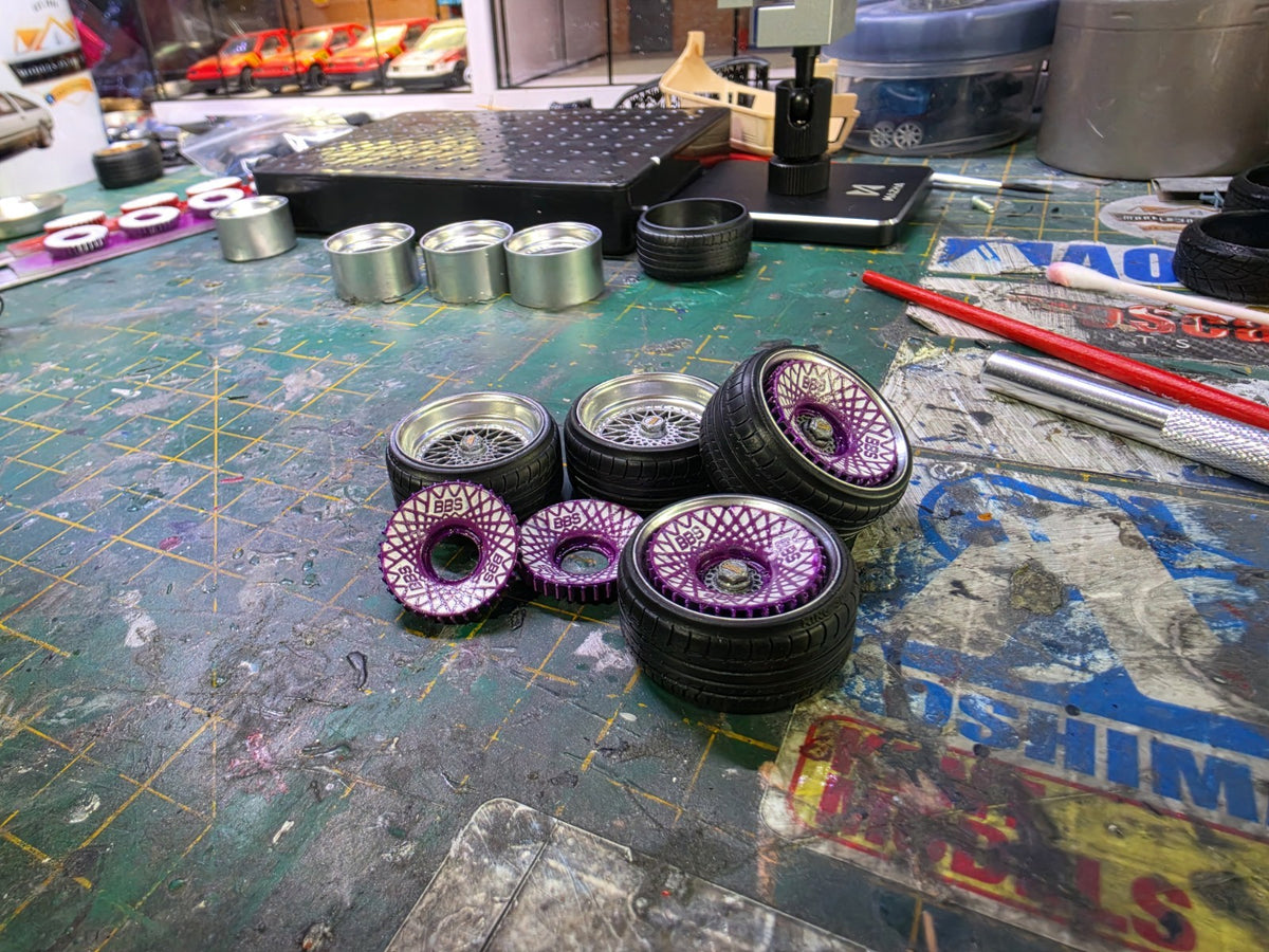 17" BBS RS Set Of 4 PRE-PAINTED with resin printed tyres with PURPLE TURBO FANS