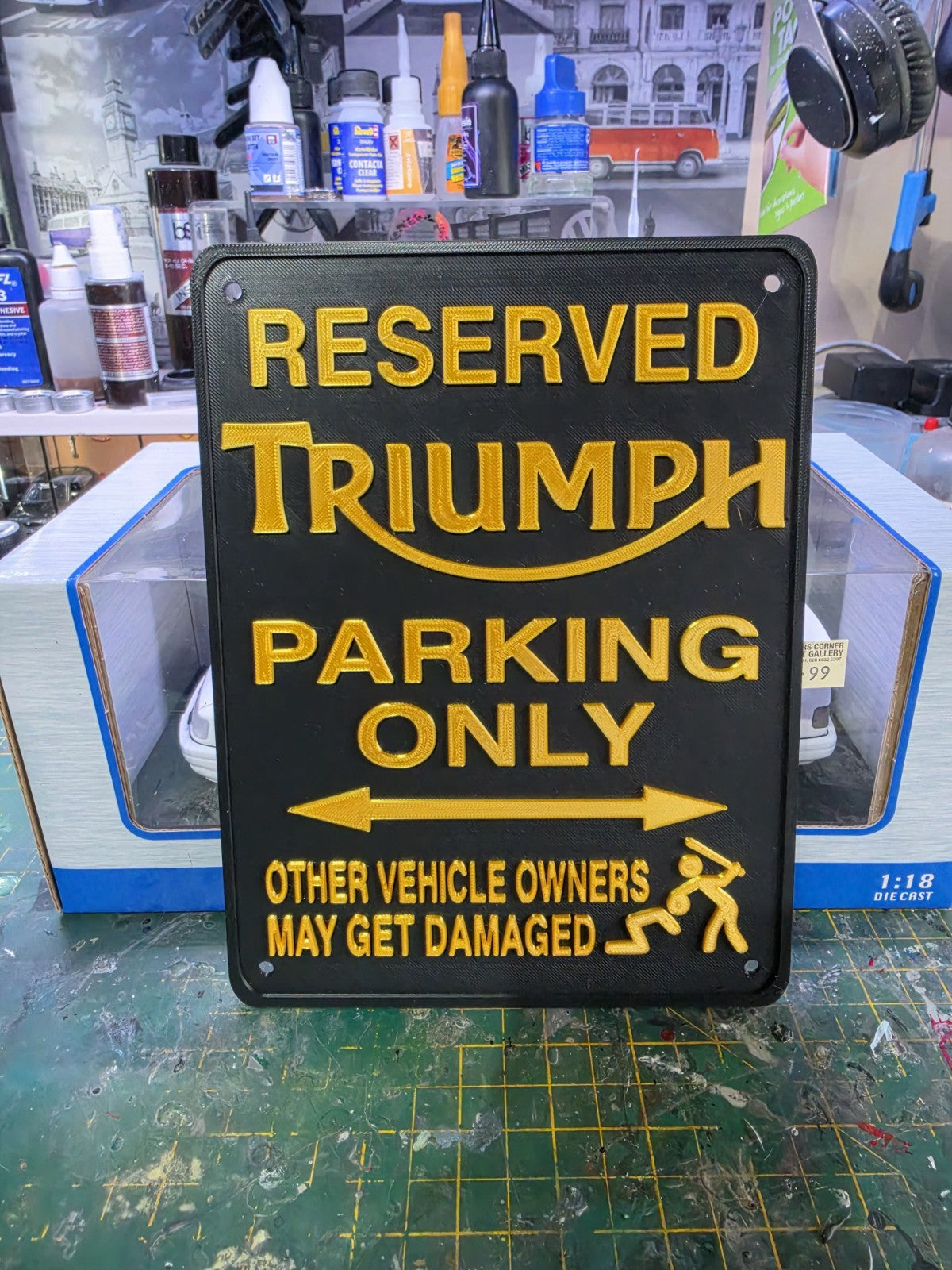 3D PRINTED TRIUMPH PARKING SIGN MAN CAVE SHED GARAGE MULTIPLE COLOURS MOTORBIKE