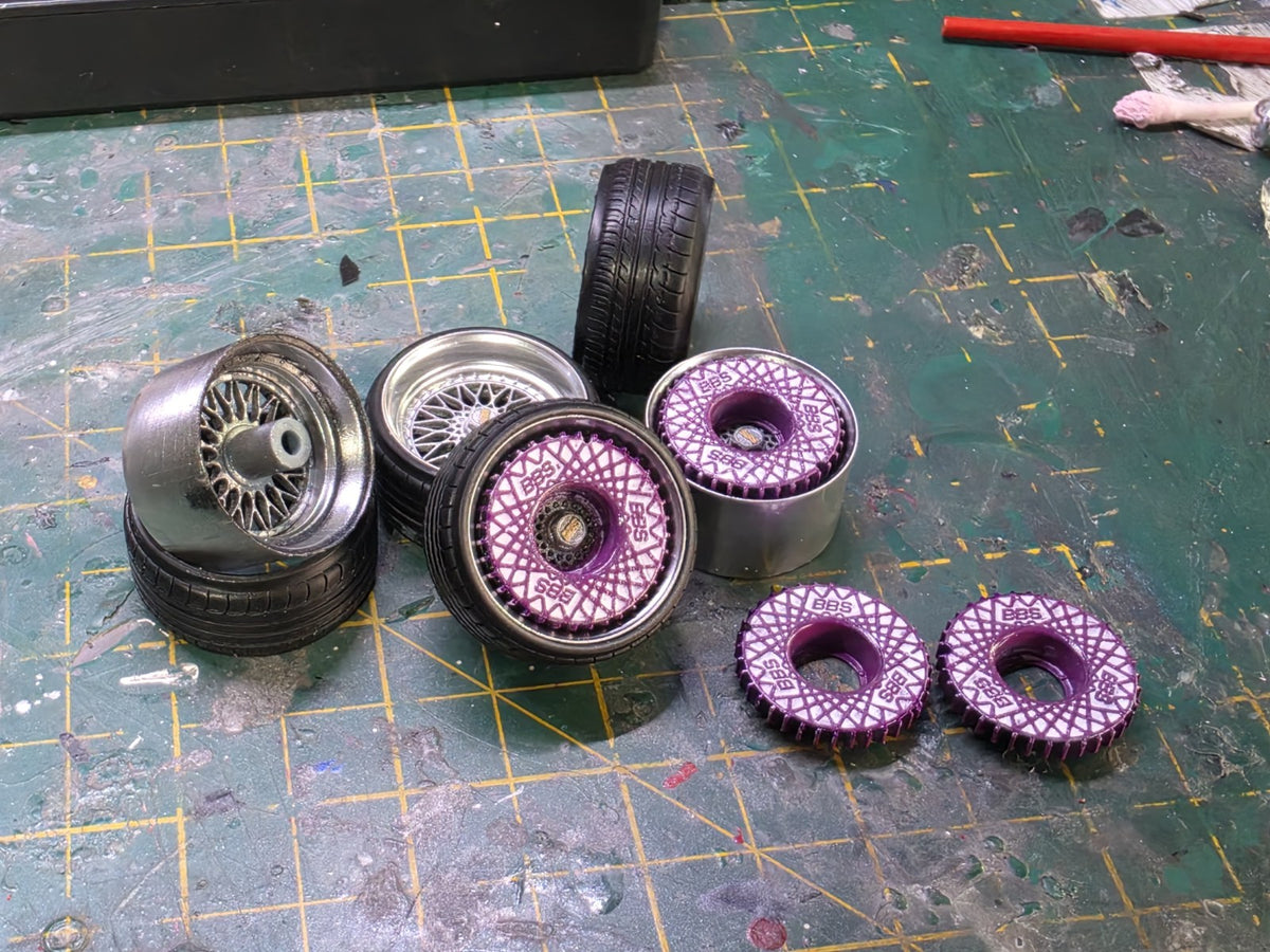 17" BBS RS Set Of 4 PRE-PAINTED with resin printed tyres with PURPLE TURBO FANS