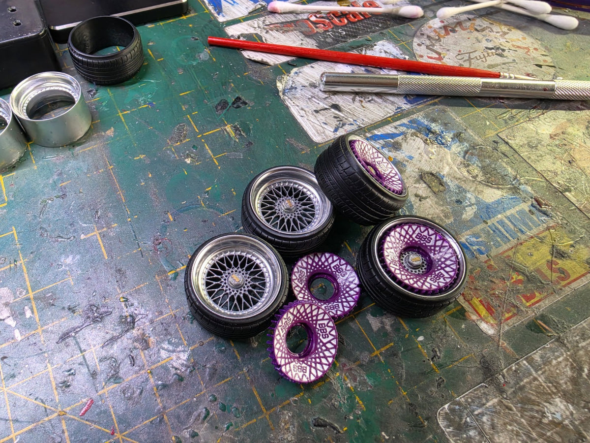 17" BBS RS Set Of 4 PRE-PAINTED with resin printed tyres with PURPLE TURBO FANS