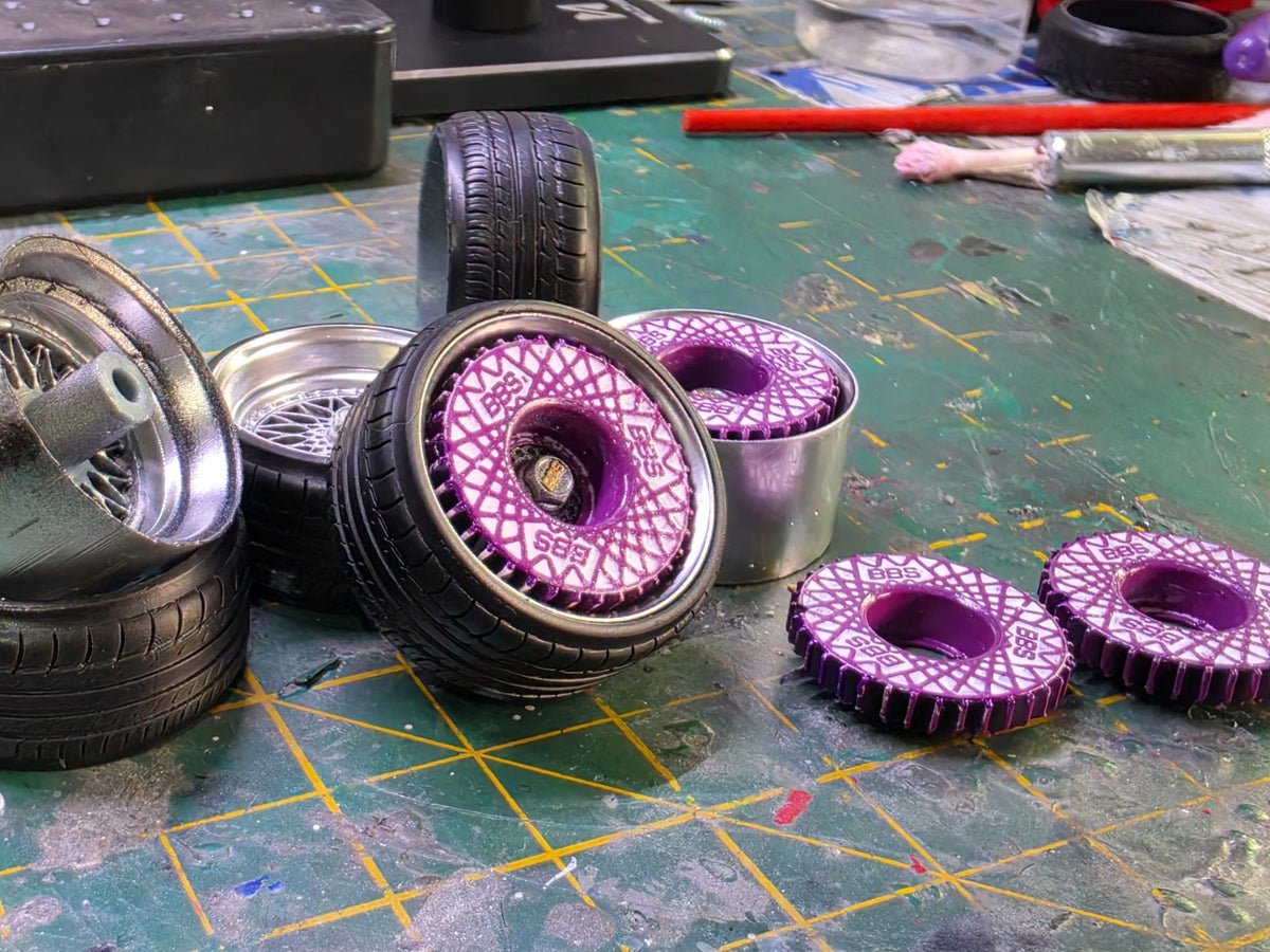 17" BBS RS Set Of 4 PRE-PAINTED with resin printed tyres with PURPLE TURBO FANS