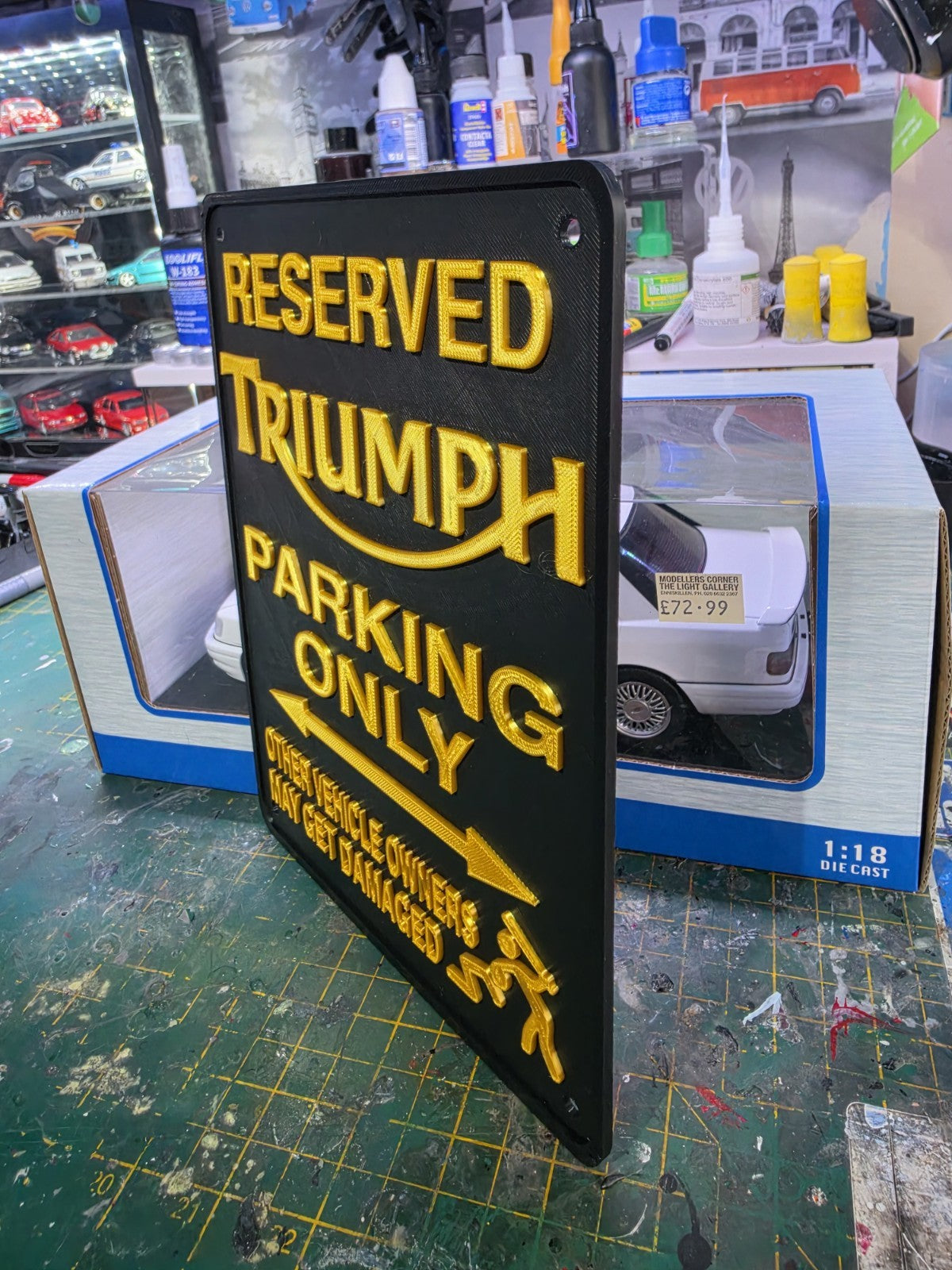 3D PRINTED TRIUMPH PARKING SIGN MAN CAVE SHED GARAGE MULTIPLE COLOURS MOTORBIKE