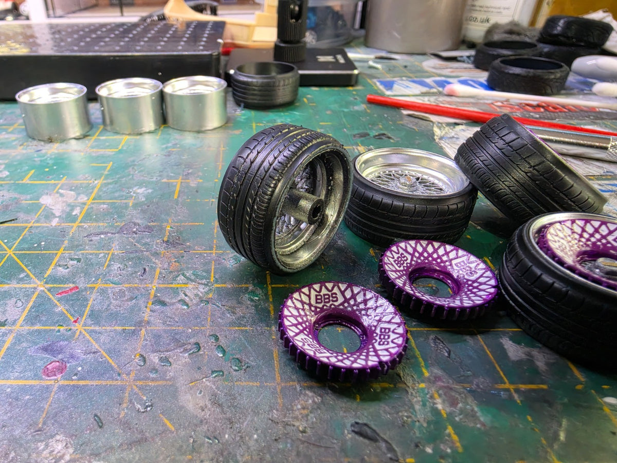 17" BBS RS Set Of 4 PRE-PAINTED with resin printed tyres with PURPLE TURBO FANS