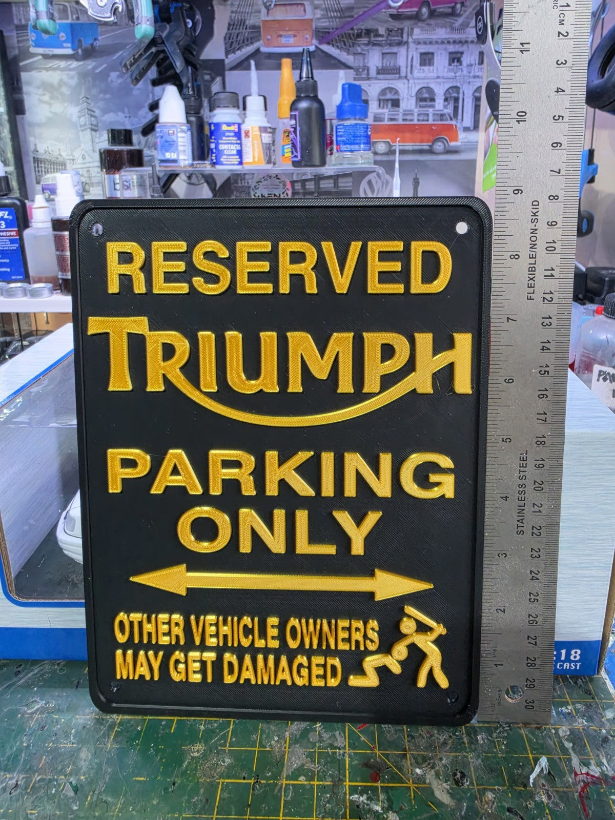 3D PRINTED TRIUMPH PARKING SIGN MAN CAVE SHED GARAGE MULTIPLE COLOURS MOTORBIKE