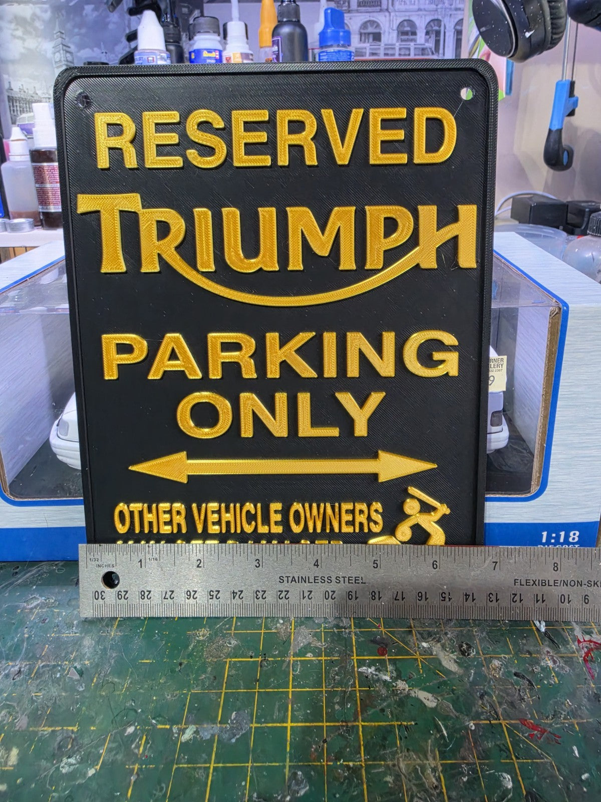 3D PRINTED TRIUMPH PARKING SIGN MAN CAVE SHED GARAGE MULTIPLE COLOURS MOTORBIKE
